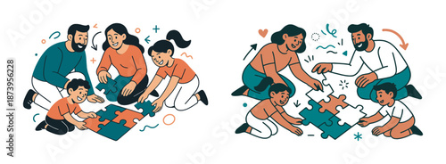 Family bonding with puzzle activities: two happy families enjoying puzzle time together