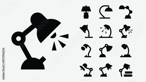 Desk lamp and lighting icons set