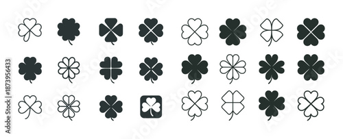 Collection of various black and white clover and shamrock icons