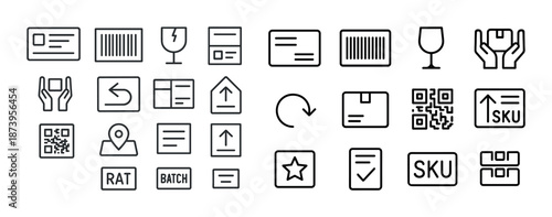Shipping and handling symbols: barcodes, qr codes, fragile, recycle, packaging icons