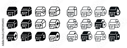 Set of black and white printer icons in various styles