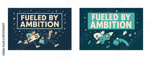 Inspired cartoon businesspeople racing toward success with ambition