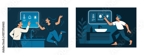 Smart home display interaction with young adults in modern kitchen and bathroom settings