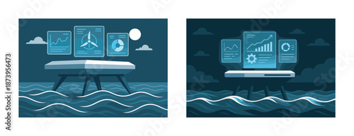 Futuristic ocean platforms with data analytics displays at night