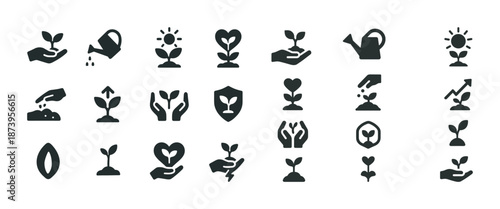 Set of black plant growth icons with hands, sun, and watering can designs