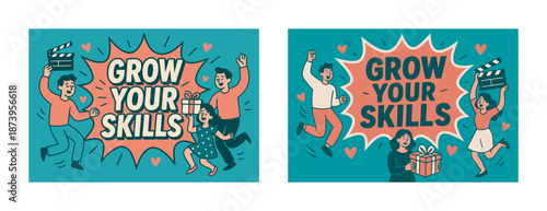 Cartoon figures encouraging skill growth with energy and enthusiasm