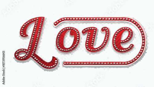 Red illuminated 'love' sign with white dots on white background symbolizing affection and romance