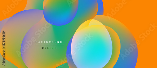 Abstract fluid shapes overlap, creating vibrant color gradients. Orange background complements blue, green hues. Modern design element.