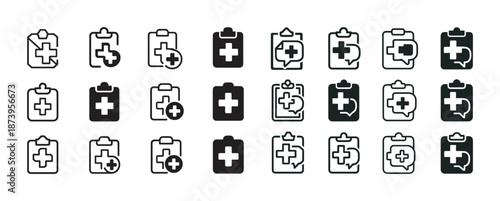 Medical clipboard icon set in black and white for healthcare records and communication