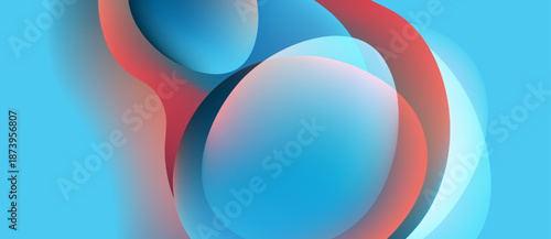Abstract shapes overlap, creating soft gradients. Blue, red hues dominate composition. Smooth textures suggest digital rendering. Minimalist design.