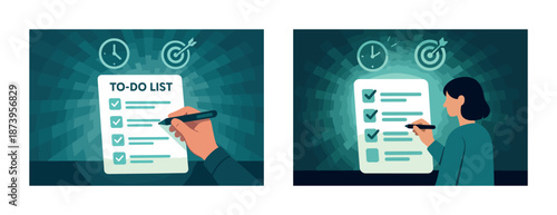 Person completing to-do list with icons of clock and target