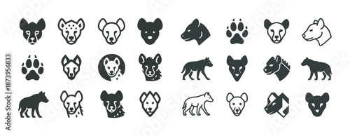 Hyena icon set: diverse hyena faces and silhouettes in black and white