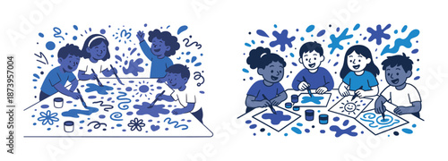 Children engaged in colorful art activities with paint and brushes