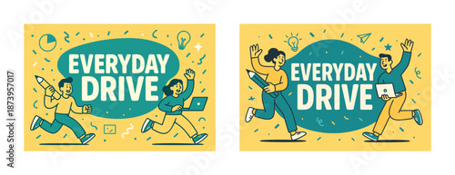 Everyday drive: cartoon characters with laptop and pencil