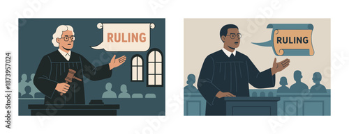 Caucasian and african male judges announcing rulings in courtroom settings