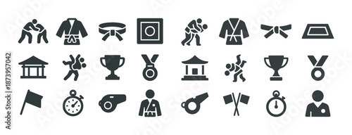 Judo icons set: trophies, medals, uniforms, moves, gear, symbols