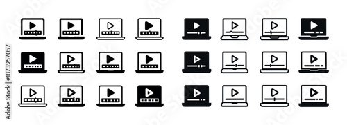 Set of video player icons on laptops in various styles