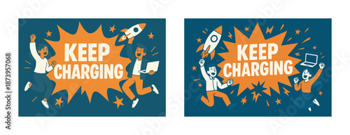 Energetic cartoon characters with rocket and laptop encouraging progress