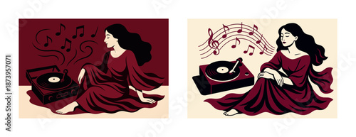 Artistic illustration of a young caucasian woman enjoying vinyl music