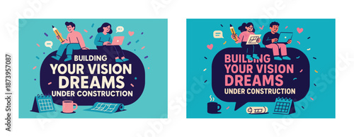 Creative teamwork dream building illustration with diverse young adults