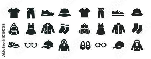 Set of clothing and accessories icons including t-shirts, shoes, and backpacks