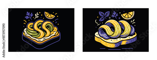 Colorful avocado and lemon art on bread with decorative elements