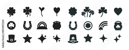 Irish symbols collection: clovers, horseshoes, hats, rainbows, pots of gold, stars, hearts