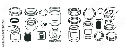 Illustration of canning jars and lids for food preservation