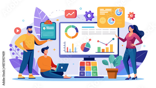 Data analytics dashboard interface with marketing charts and statistics display