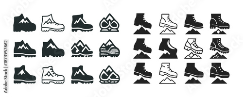 Variety of hiking boot icons with mountain elements in black and white