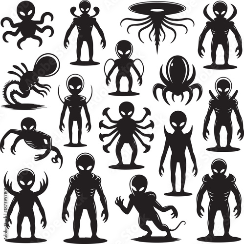 Alien creatures and monsters in black silhouette on white background