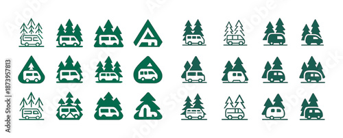 Camping icons set with vans and trees in various styles