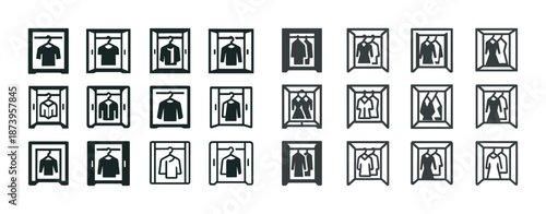 Set of wardrobe icons with various clothing items on hangers