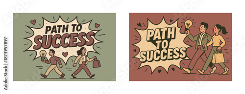 Path to success artwork with dynamic characters holding lightbulbs
