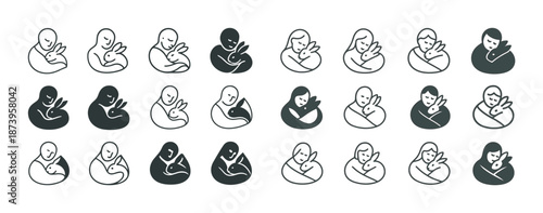 Diverse icons of mothers cradling babies in simple line art style