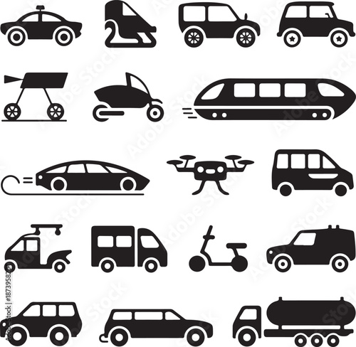 black and white icons of various vehicles and transportation methods