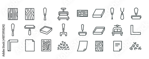 Line art icons of printmaking tools and designs
