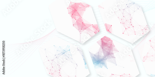 Abstract geometric background with pink and blue hexagons. Futuristic medical technology vector with plexus network. Science concept banner with copy space for presentation.