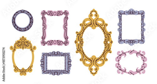 Empty picture frame in old vintage style, set. Classic historical borders with antique elegant ornate shape for retro art gallery display on wall. Flat vector illustration isolated on white background