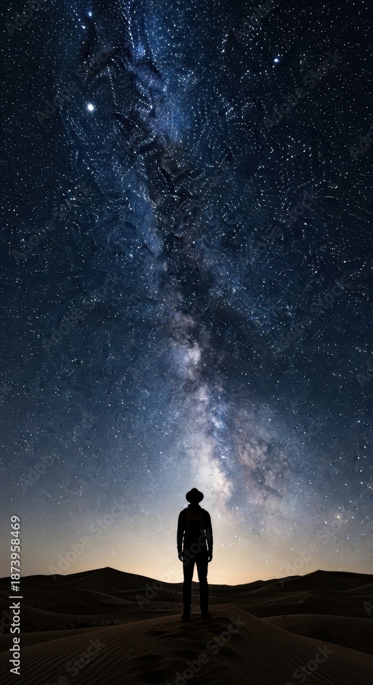 Fototapeta premium Solitary figure observes the brilliant celestial band stretching across the dark desert night sky