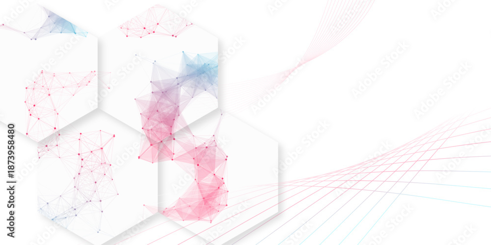 Fototapeta premium Abstract white hexagon background with colorful plexus network. Futuristic medical technology vector design with pink and blue geometric lines and copy space for science presentation