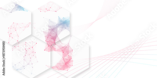 Abstract white hexagon background with colorful plexus network. Futuristic medical technology vector design with pink and blue geometric lines and copy space for science presentation