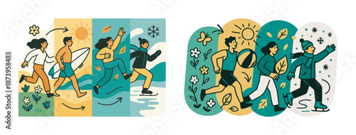 Seasons and activities: running in summer and ice skating in winter