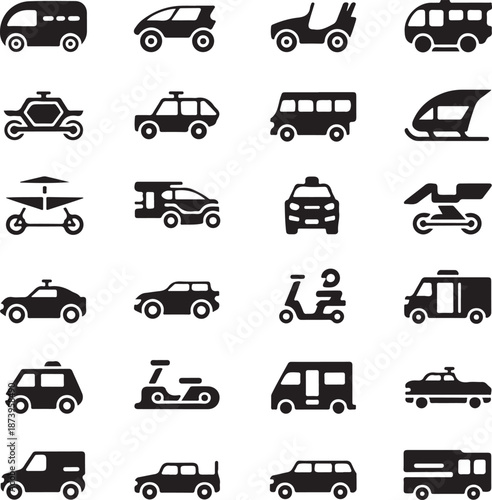black and white icons of various vehicles on white background