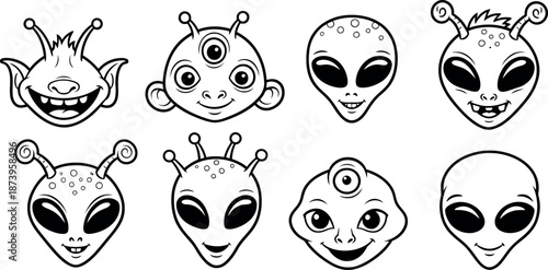 Set of cute and funny alien faces icon designs for space themed apps and digital projects - vector illustration