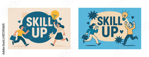 Animated characters running with "skill up" text and light bulb symbol