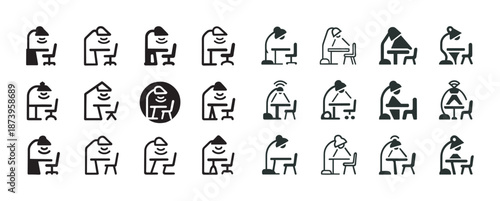 Stick figure icons: work from home activities with desk and lamp illustrations