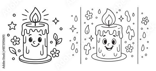 Cute smiling candles with floral and starry designs for coloring