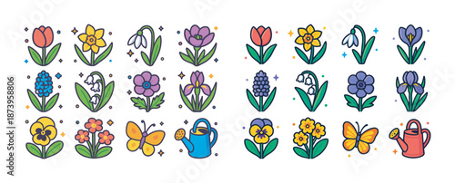 Colorful spring flowers and garden elements collection