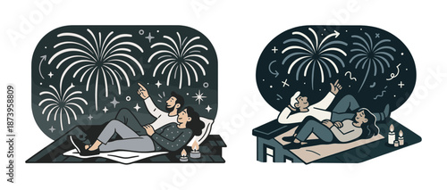 Couple stargazing at night with fireworks in the sky